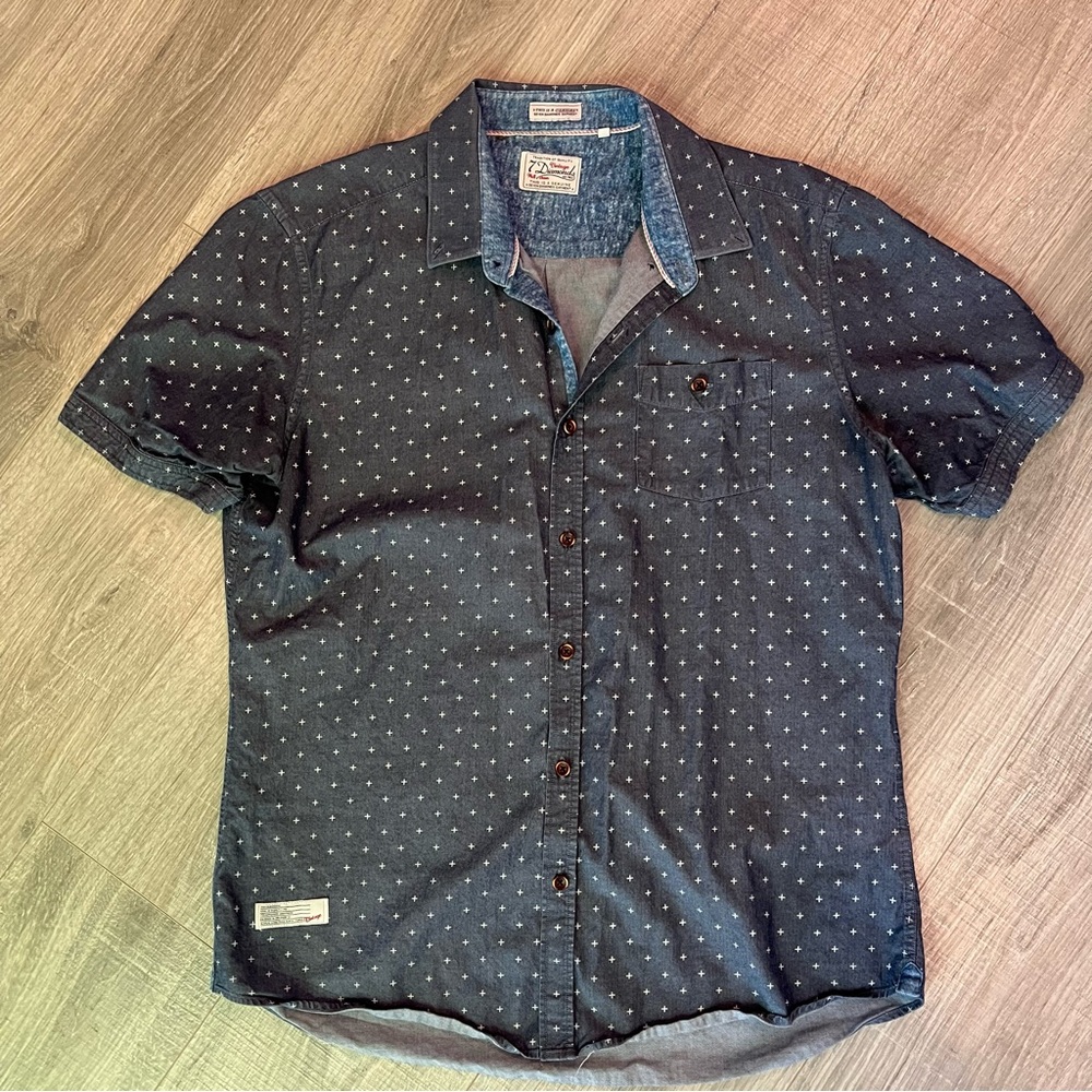 Men’s 7 Diamonds Navy/Gray Patterned Casual Shirt—Large